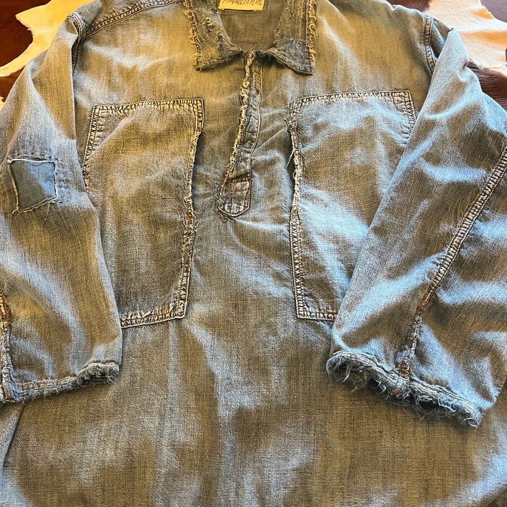 Magnolia Pearl Frayed Edge Washed Denim Pullover Top - Light Blue